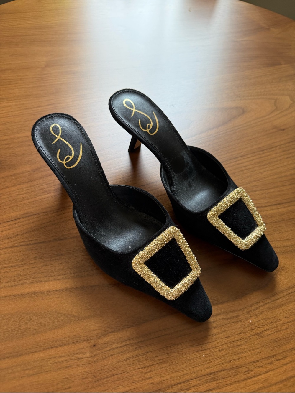Sam Edelman Black Pointed Toe Mules with Gold Buckle Detail